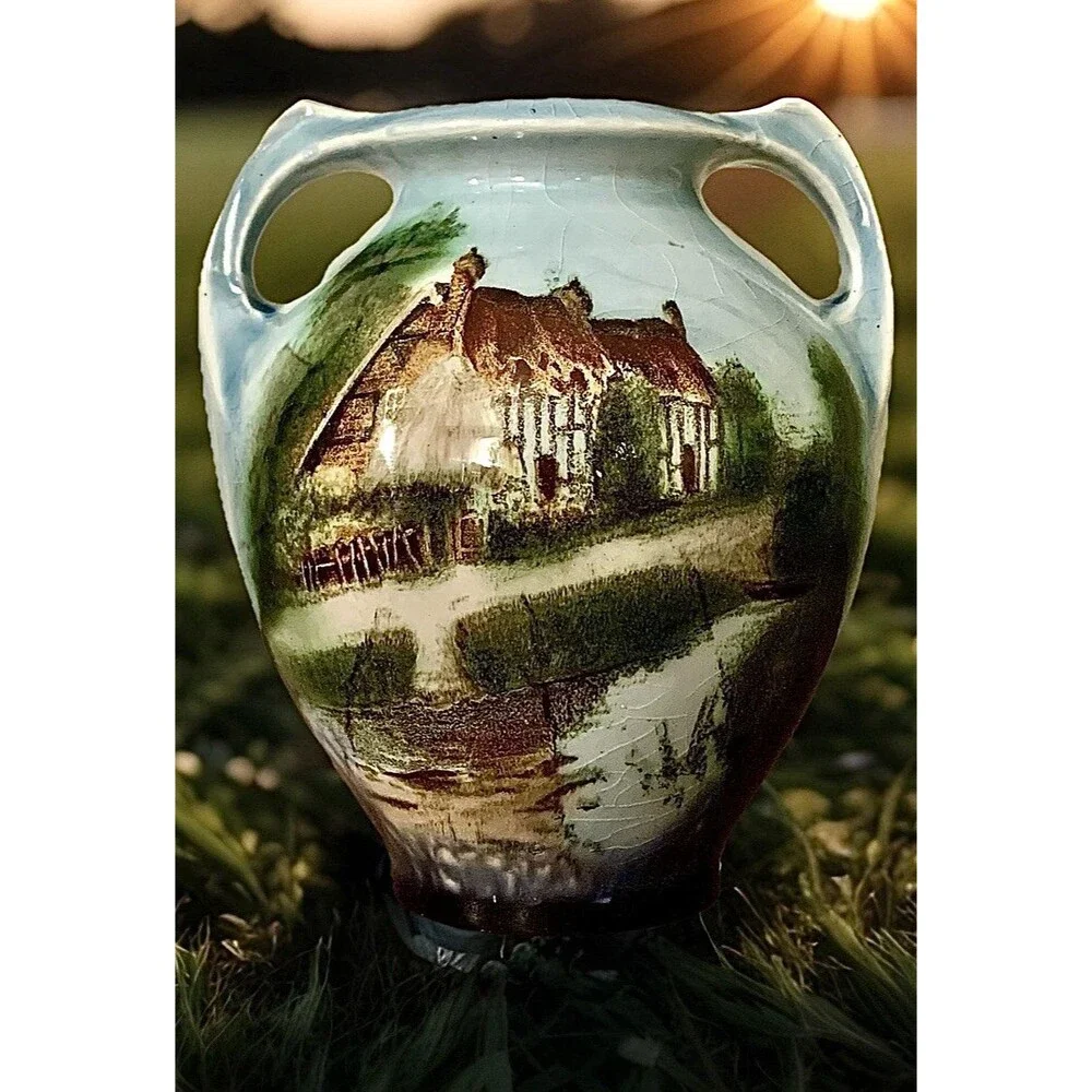 Antique Hand Painted Twin Handled Urn Vase English Cottage Landscape Ceramic 4